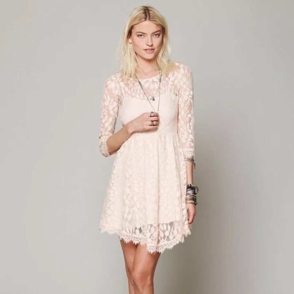 Free People Floral Mesh Lace Dress in Pink Sand